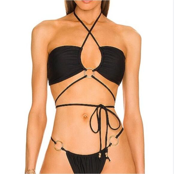 Dundas x Revolve - Joelle O Ring Wrap Tie Bikini Top in Black - Picture 5 of 5